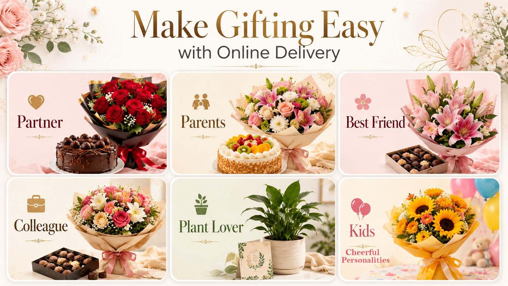 A promotional message highlighting how online delivery services make gifting easy and convenient, emphasizing quick ordering, doorstep delivery, and hassle-free flower and gift combinations.