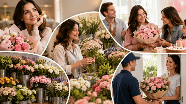 Collage of women choosing and receiving pink flower bouquets, a florist arranging fresh flowers, a colorful flower display, and a flower delivery scene.