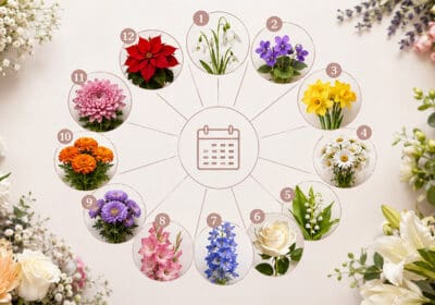A complete guide to birth month flowers and their meanings, featuring the official flower for each month with colorful floral illustrations and symbolic descriptions.