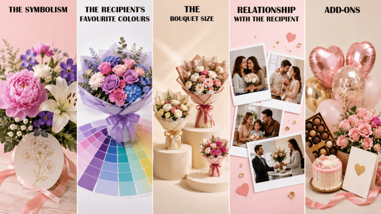 A floral arrangement, a colourful bouquet, bouquets in different sizes, photos of flower gifting for family, friends, and colleagues, and thoughtful gift add-ons including balloons, chocolates, a cake, and a greeting card for a birthday celebration