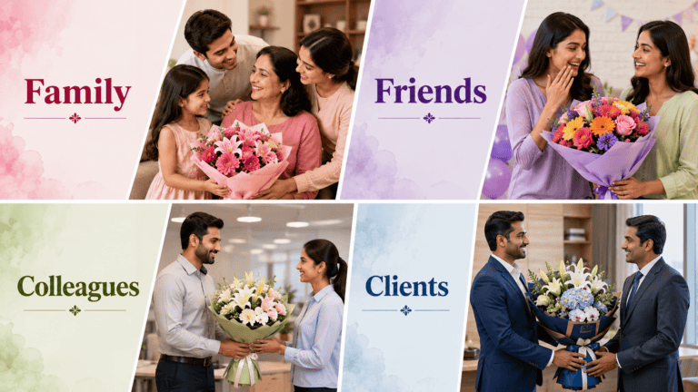 Family, Friends, Colleagues, and Clients celebrating special occasions by gifting beautiful flower bouquets, showcasing thoughtful birthday flower gifts for different relationships.