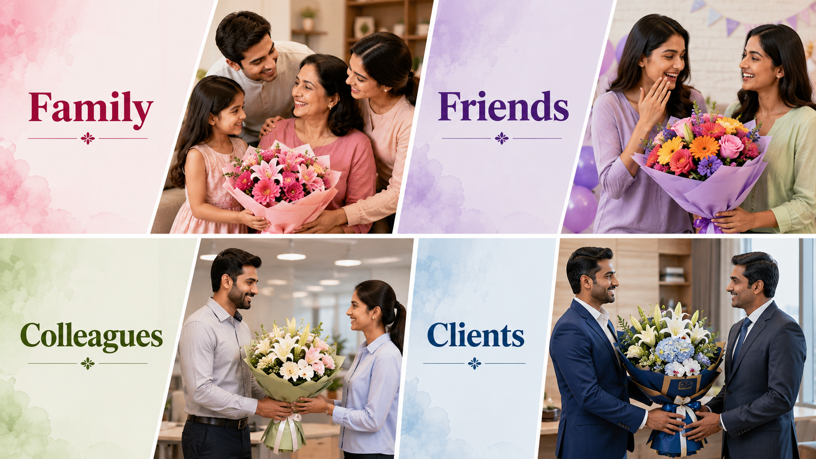 Family, Friends, Colleagues, and Clients celebrating special occasions by gifting beautiful flower bouquets, showcasing thoughtful birthday flower gifts for different relationships.