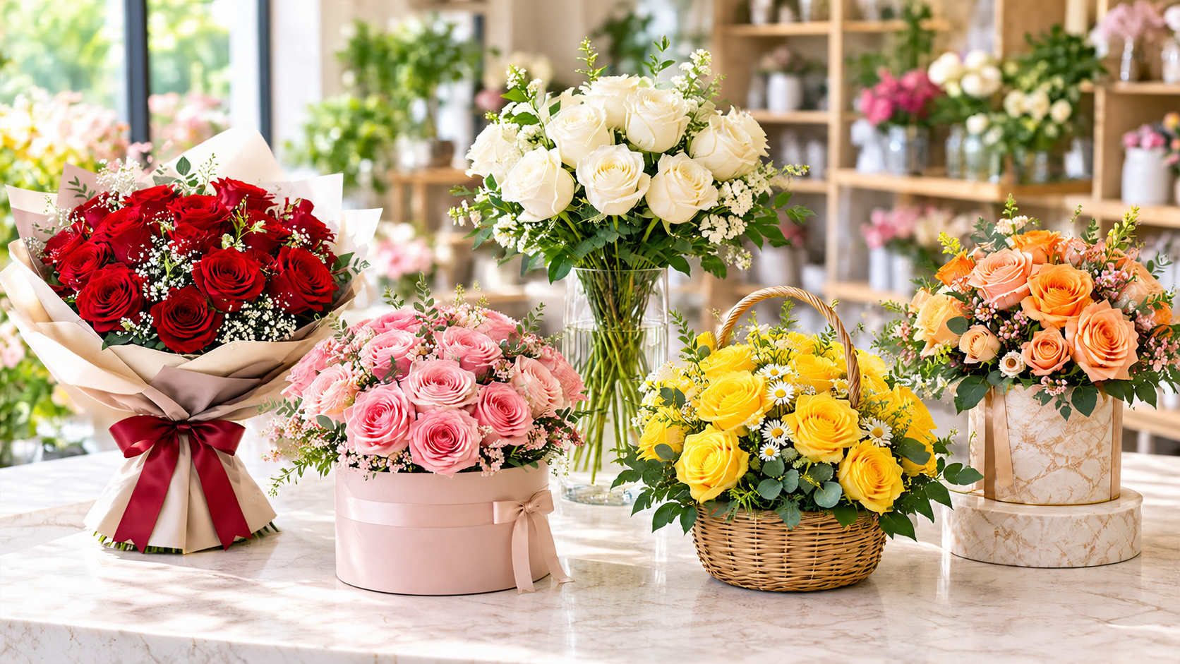 Rose colour meanings for different occasions, featuring red, pink, white, yellow, orange and purple rose bouquets representing love, gratitude, purity, friendship and admiration.
